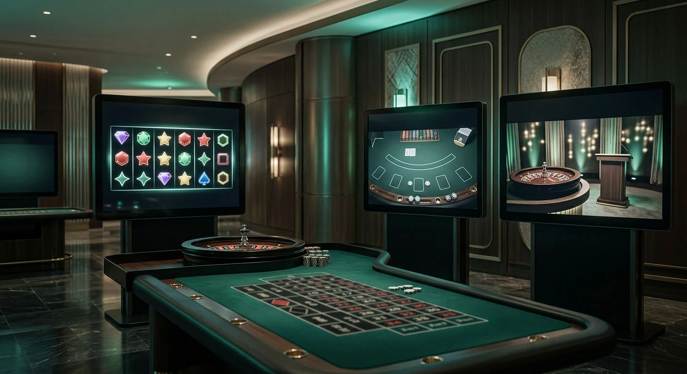 Abstrakte Anordnung verschiedener Casino-Spielbereiche auf dunklen Bildschirmen