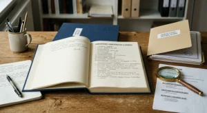 Schreibtisch mit Registerauszug, Zertifikatsmappe und Lupe zur Prüfung von Lizenzangaben