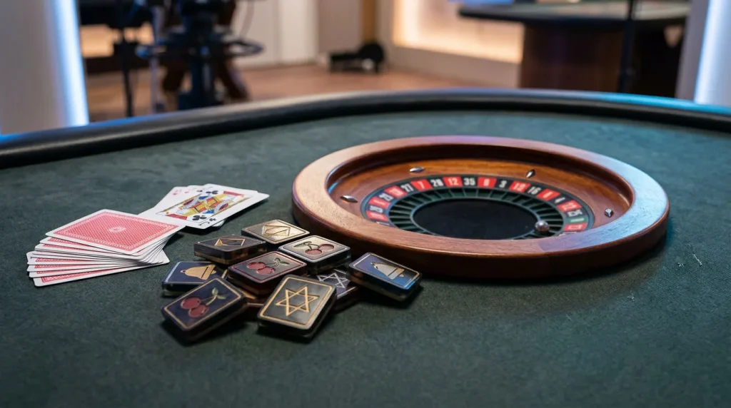 Neutraler Casinotisch mit Spielkarten, Roulette-Elementen und abstrakten Spielautomaten-Symbolen