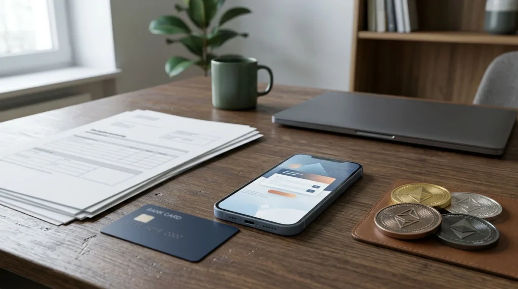 Schreibtisch mit Bankkarte, Smartphone, Banküberweisungssymbolen und abstrakten Krypto-Token