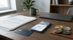 Schreibtisch mit Bankkarte, Smartphone, Banküberweisungssymbolen und abstrakten Krypto-Token